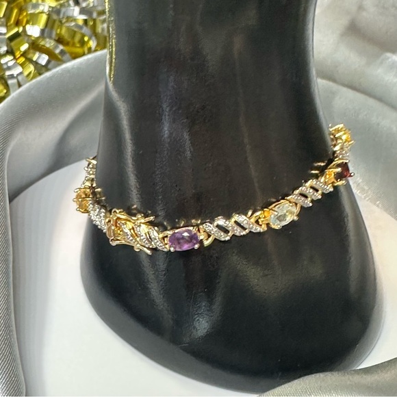 925 Sterling Silver Two-Tone Multi-Gemstone Hinged Bangle Bracelet - Picture 6 of 17